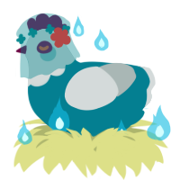 A sea and silver chicken with a head pattern