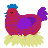 A crimson and violet chicken with a speckle pattern