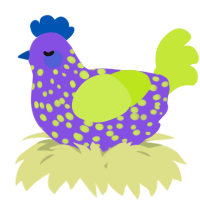 A blurple and lime chicken with a speckle pattern