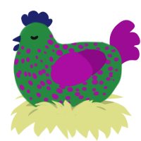 Jelly Bean, a viridian and plum chicken with a speckle pattern