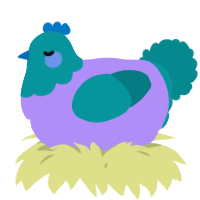A lilac and teal chicken with a head pattern