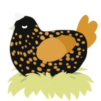 Bumble, a black and orange chicken with a speckle pattern