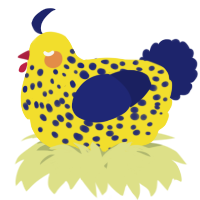 A yellow and navy chicken with a speckle pattern