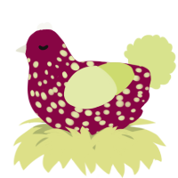A maroon and lemon chicken with a speckle pattern
