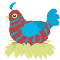 A red and cerulean chicken with a bar pattern
