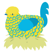 A yellow and cerulean chicken with a lace pattern