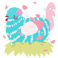 A aqua and rose chicken with a bar pattern