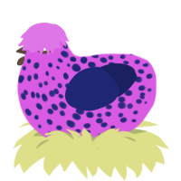Bloop, a orchid and navy chicken with a speckle pattern