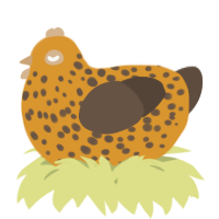 A orange and bark chicken with a speckle pattern