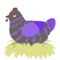 Poppy, a grey and blurple chicken with a bar pattern