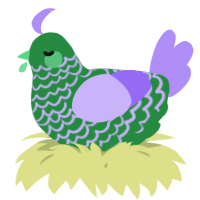 A viridian and lilac chicken with a lace pattern