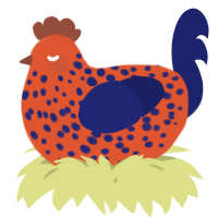 A vermilion and navy chicken with a speckle pattern