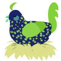 A navy and grass chicken with a speckle pattern