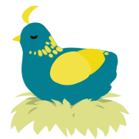 A sea and yellow chicken with a neck-speckle pattern