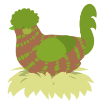A brown and chartreuse chicken with a bar pattern