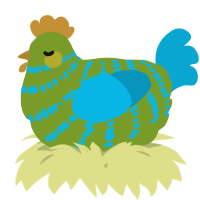 A chartreuse and cerulean chicken with a bar pattern