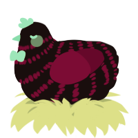 A black and maroon chicken with a bar pattern