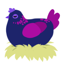 A navy and plum chicken with a neck-speckle pattern