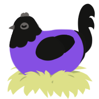 A blurple and black chicken with a head pattern
