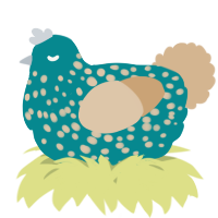A teal and beige chicken with a speckle pattern