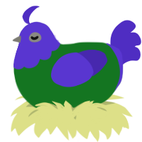 A leaf and indigo chicken with a head pattern