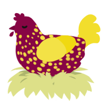 A maroon and yellow chicken with a speckle pattern