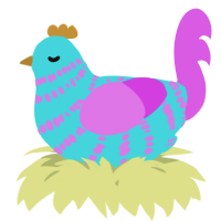 A aqua and orchid chicken with a bar pattern