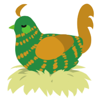 A viridian and ochre chicken with a bar pattern