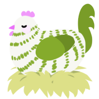 A white and chartreuse chicken with a bar pattern