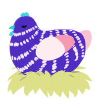 A indigo and rose chicken with a bar pattern