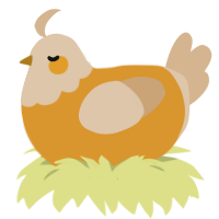 Fried egg, a orange and beige chicken with a head pattern
