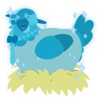 A gluppy and turquoise chicken with a head pattern