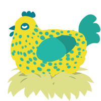 A yellow and turquoise chicken with a speckle pattern