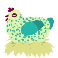 A apple and turquoise chicken with a speckle pattern