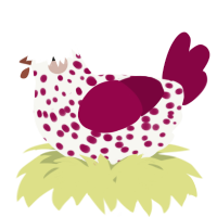 A white and maroon chicken with a speckle pattern