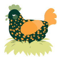 A rose and ultramarine chicken with a speckle pattern