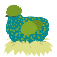 A teal and chartreuse chicken with a speckle pattern