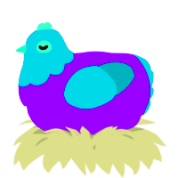 A violet and teal chicken with a head pattern