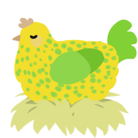 A yellow and grass chicken with a speckle pattern