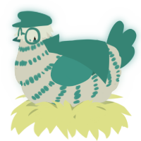 A silver and teal chicken with a bar pattern