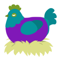 A violet and teal chicken with a head pattern