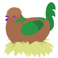 dirt patch, a brown and viridian chicken with a neck-speckle pattern