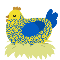 A yellow and ultramarine chicken with a double-lace pattern