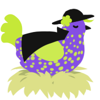 A blurple and lime chicken with a speckle pattern