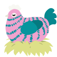 A pink and teal chicken with a bar pattern