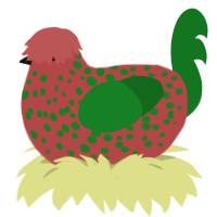 A red and leaf chicken with a speckle pattern