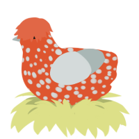 A vermilion and silver chicken with a speckle pattern