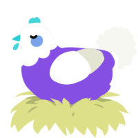 A blurple and white chicken with a head pattern