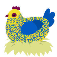 A yellow and ultramarine chicken with a double-lace pattern