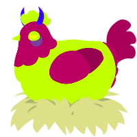 A lime and maroon chicken with a head pattern